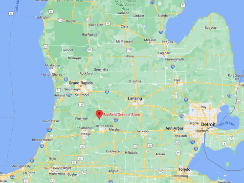 Map showing Michigan with a marker for Banfield General Store near Battle Creek, south of Lansing and west of Detroit.
