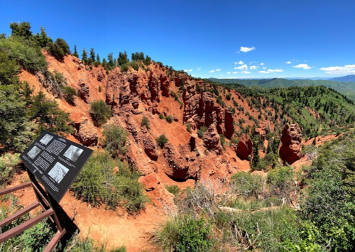 A panoramic view of red rock formations and greenery, with an informational sign in the foreground under a clear blue sky.