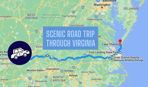 Map highlighting a scenic road trip route through Virginia, featuring landmarks and parks along the way.