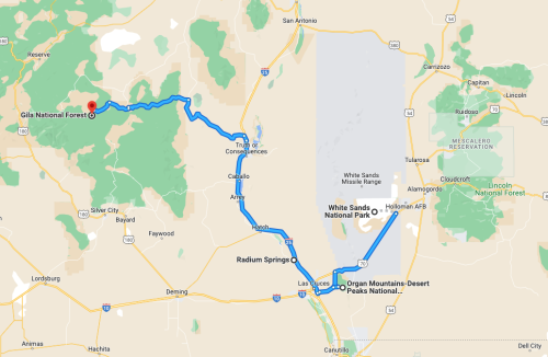Map showing a route from Gila National Forest to White Sands National Park, passing through Radium Springs and Organ Mountains.