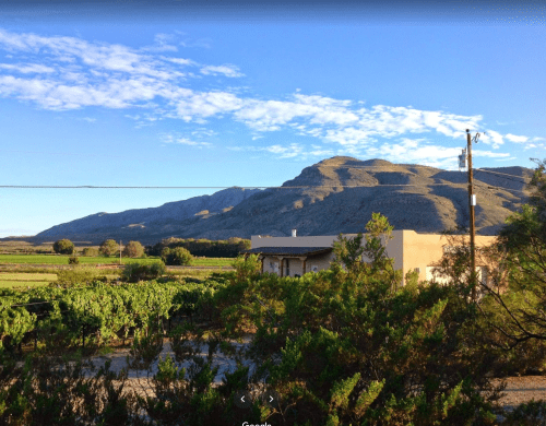 A scenic view of mountains in the background, with vineyards and a house in the foreground under a clear blue sky.