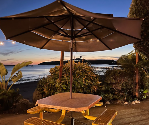 A table with an umbrella overlooking a beach at sunset, surrounded by plants and soft lighting.