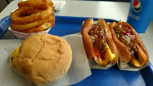 A tray with two hot dogs topped with ketchup and mustard, a cheeseburger, onion rings, and a Pepsi drink.