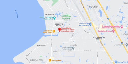 Map showing the location of Wicked Barley Brewing Company near Goodby's Creek in Jacksonville, Florida.