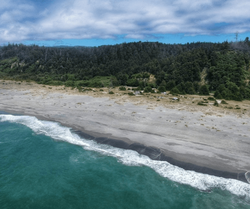 Aerial view of a sandy beach with gentle waves, bordered by lush green forest under a cloudy sky.