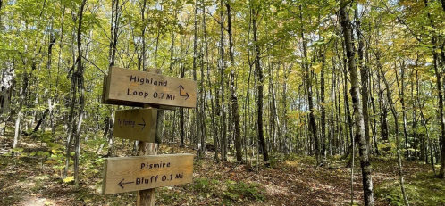Wooden trail signs in a lush green forest, indicating directions to Highland Loop and Pisimire Bluff.