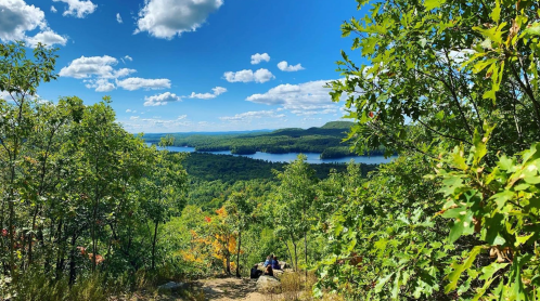 A panoramic view of a lush green landscape with a river, under a bright blue sky with fluffy clouds.