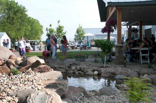 A gathering near a pond with rocks, featuring people socializing and enjoying the outdoors in a scenic setting.