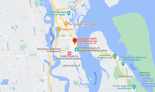 Map showing the location of Cousteau's Waffle and Milkshake Bar in St. Augustine, Florida, near various landmarks.