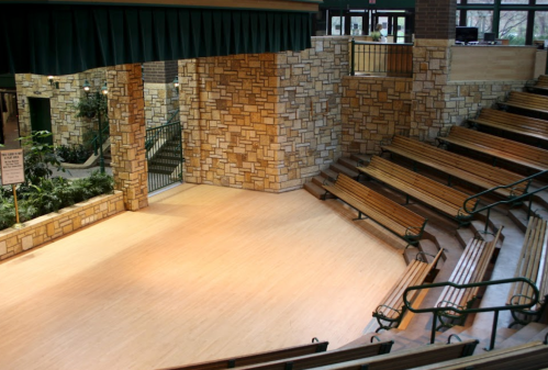 An empty indoor amphitheater with wooden benches and stone walls, surrounded by greenery.