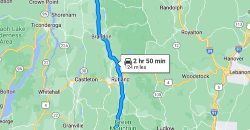 Map showing a route from an unspecified location to Rutland, Vermont, with a travel time of 2 hours and 50 minutes.