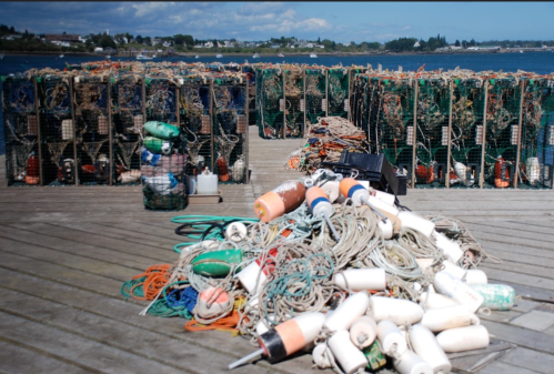 A dock with stacked lobster traps and scattered fishing gear, set against a coastal backdrop.