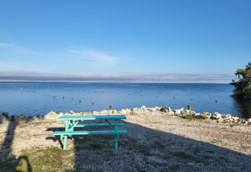 A turquoise picnic table by a calm lake, with clear blue skies and distant clouds on the horizon.