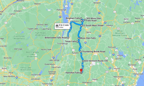 Map showing a route from Bingham Falls to various waterfalls in Vermont, including Moss Glen Falls and Hamilton Falls.