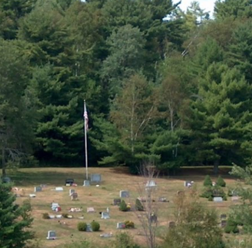 A peaceful cemetery surrounded by trees, with a flagpole displaying the American flag in the background.