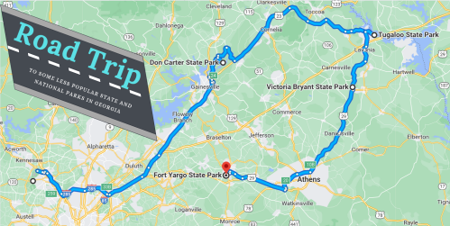 Map of a road trip route through lesser-known state and national parks in Georgia, including Fort Yargo and Tugaloo State Parks.