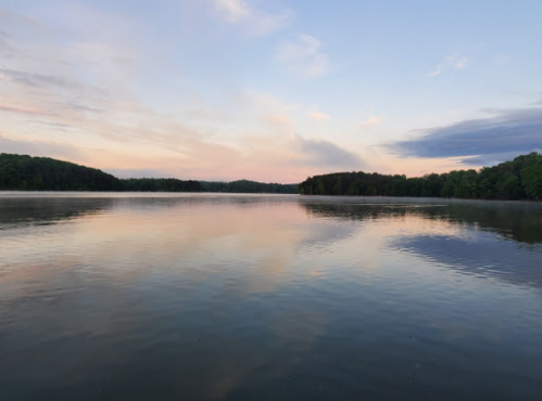 A serene lake at sunset, reflecting soft pink and blue hues with lush green trees lining the shore.