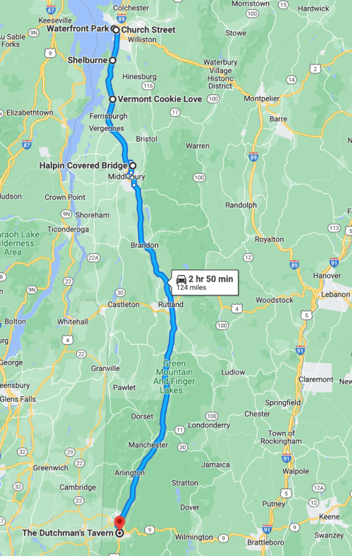 Map showing a route from The Dutchman's Tavern to Waterfront Park, highlighting a distance of 124 miles and estimated travel time.