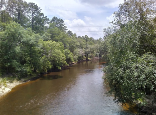 A serene river flows through a lush green landscape, surrounded by trees under a partly cloudy sky.
