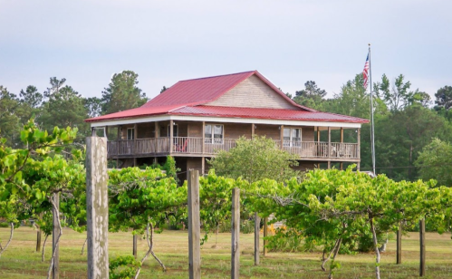 A two-story house with a red roof surrounded by green trees and a vineyard, with an American flag in the foreground.