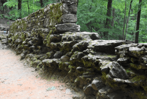 Ruins of a stone wall covered in moss, surrounded by lush green trees in a forested area.