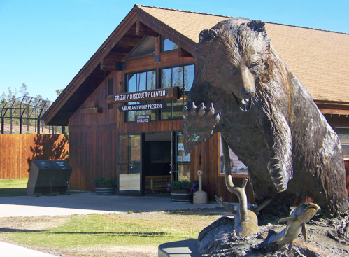 A large bear statue stands in front of the Grizzly Discovery Center, a wooden building with a sign.
