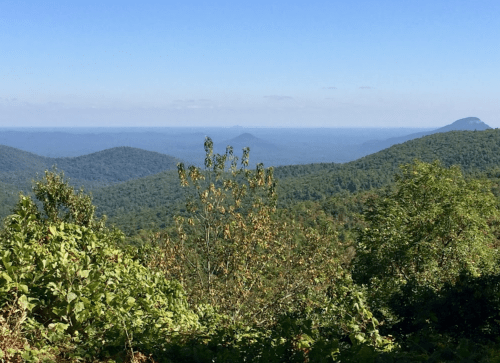 A panoramic view of lush green mountains under a clear blue sky, with distant peaks visible on the horizon.