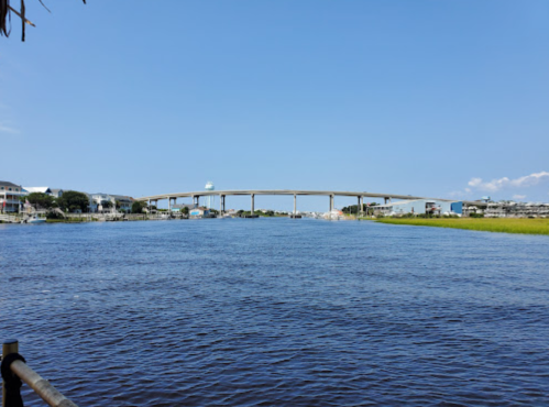 A wide river under a clear blue sky, with a bridge spanning across and buildings lining the shore.