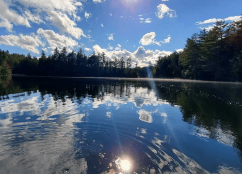 A serene lake reflecting clouds and trees under a bright blue sky, with gentle ripples on the water's surface.