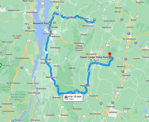 Map showing a route from Niquette Bay to Seyon Lodge State Park, covering 183 miles in approximately 4 hours and 15 minutes.