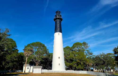 A tall black and white lighthouse surrounded by trees under a clear blue sky.