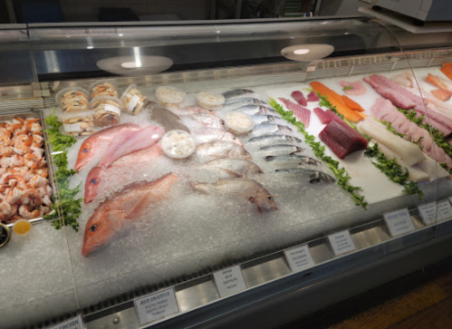 A seafood display case featuring various fresh fish, shrimp, and shellfish on ice with labels.