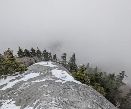 A rocky outcrop covered in snow, surrounded by fog and evergreen trees in a misty landscape.