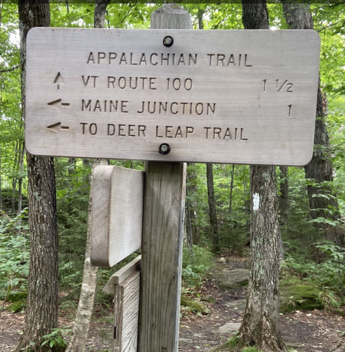 Wooden signpost in a forest indicating directions to Appalachian Trail, VT Route 100, Maine Junction, and Deer Leap Trail.
