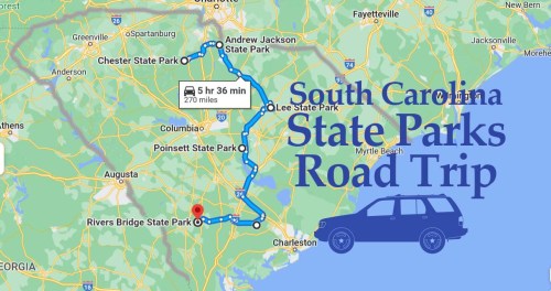 Map showing a road trip route through South Carolina state parks, highlighting key locations and travel time.