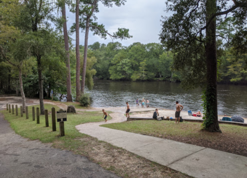 A scenic riverbank with people playing and relaxing, surrounded by trees and a calm water view.
