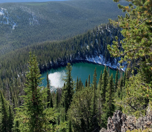 Aerial view of a turquoise lake surrounded by dense evergreen trees and rocky terrain under a clear blue sky.