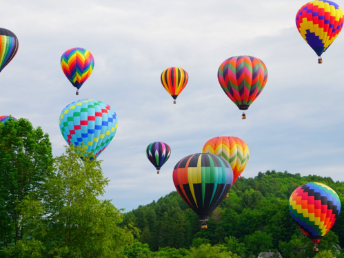 A colorful array of hot air balloons floating in a cloudy sky above green hills and trees.