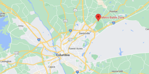 Map showing Columbia, South Carolina, with a marker for Metro Battle Zone located northeast of the city.