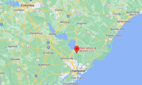 Map showing the location of Red, White, & Bloom, LLC near Charleston, South Carolina.