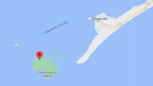 Map showing Portsmouth Island and the Portsmouth Welcome Center location in relation to Ocracoke.