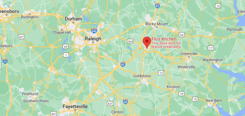 Map showing the location of Flo's Kitchen, a popular spot for biscuit breakfasts near Raleigh, North Carolina.