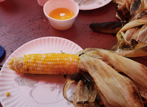 A plate with a cob of corn, partially husked, next to a small cup of sauce on a red table.