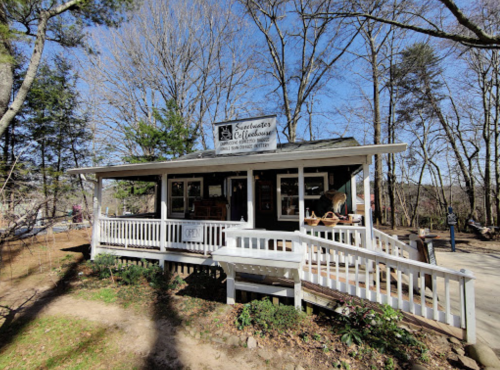 A quaint wooden shop with a porch, surrounded by trees and greenery, under a clear blue sky.