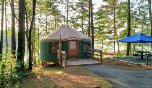 A green yurt surrounded by trees, with a wooden deck, hammock, and blue picnic shelter nearby.