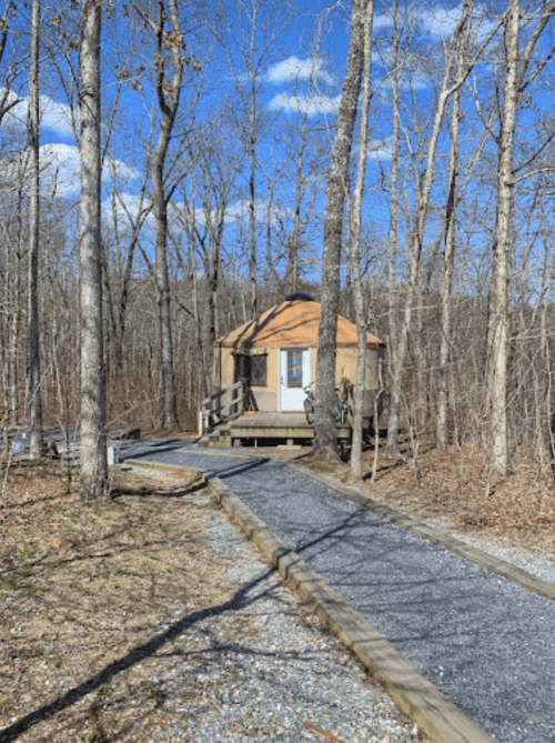A small cabin surrounded by trees, with a gravel path leading to it under a clear blue sky.