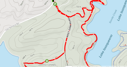 Map showing a winding trail along West Foam Road near Lake Issaqueena, with elevation markers and nearby landmarks.