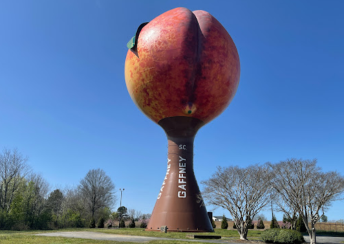 Gaffney, SC water tower shaped like a giant peach, surrounded by trees and a clear blue sky.