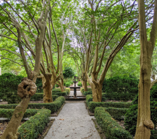 A serene garden path lined with trees and hedges, leading to a central fountain surrounded by lush greenery.