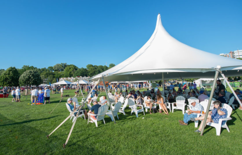 A large outdoor event with a white tent, people sitting in chairs, and a crowd enjoying the sunny day on green grass.